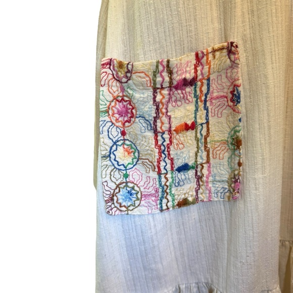 Leiter’s Vintage 70s Hand Embroidered Boho Fish Print Hippie Ruffle Mini Dress - Picture 3 of 8